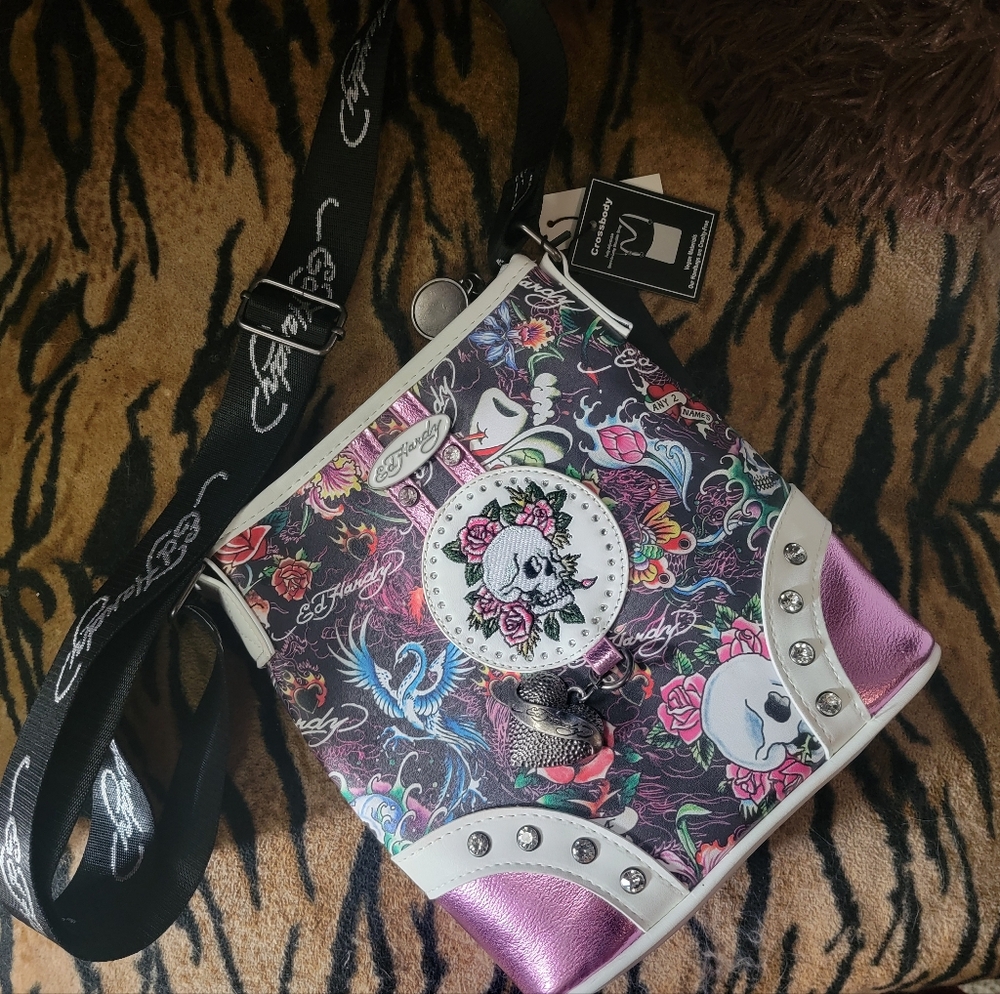 Ed Hardy Women's Purple and Black Crossbody Shoulder Bag New W Tag